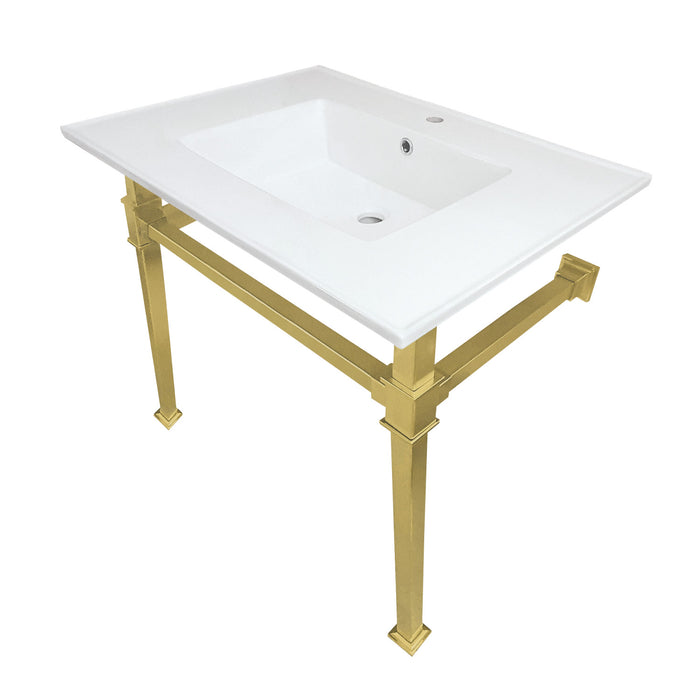 Kingston Sona KVPB31221Q7 - Monarch 31-Inch Ceramic Console Sink with Stainless Steel Legs (1-Hole), White/Brushed Brass