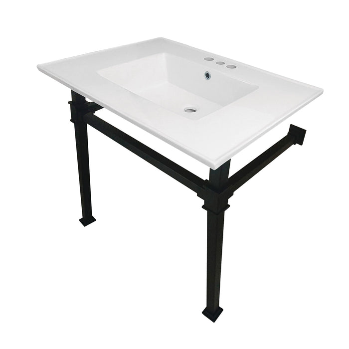 Kingston Sona KVPB31224Q0 - Monarch 31-Inch Ceramic Console Sink with Stainless Steel Legs (4-Inch, 3-Hole), White/Matte Black