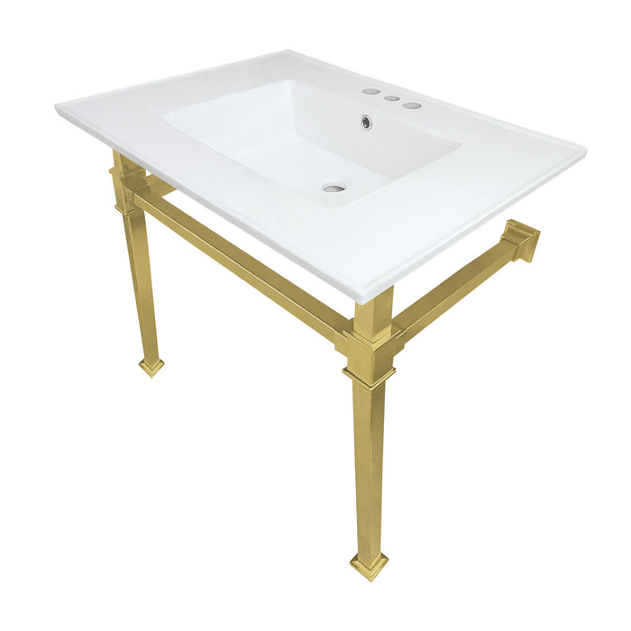 Kingston Sona KVPB31224Q7 - Monarch 31-Inch Ceramic Console Sink with Stainless Steel Legs (4-Inch, 3-Hole), White/Brushed Brass