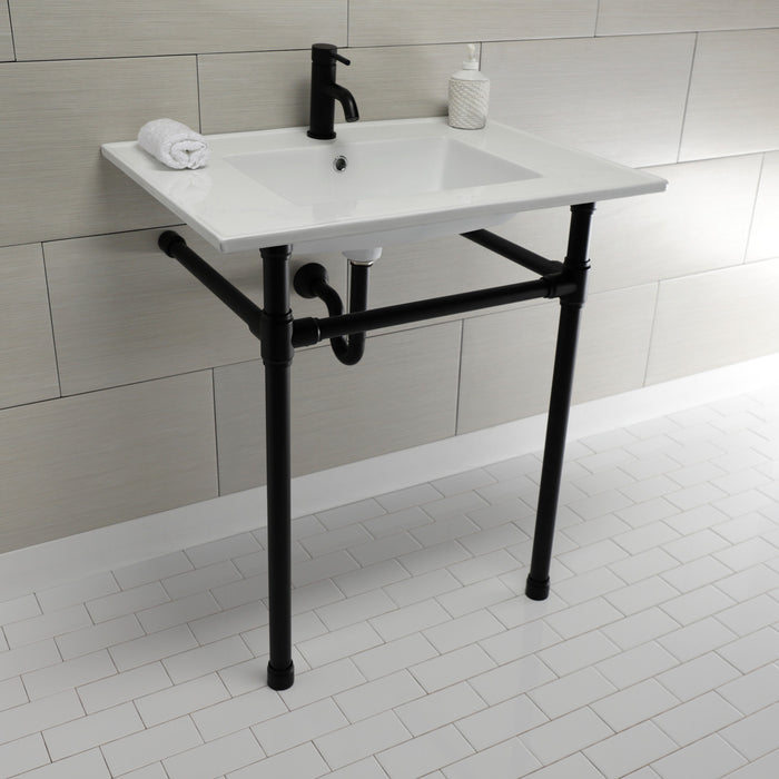 Kingston Tulare KVPB3122710 - Dreyfuss 31-Inch Ceramic Console Sink with Stainless Steel Legs (1-Hole), White/Matte Black