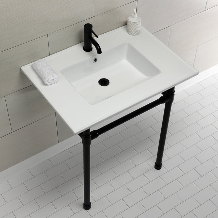 Kingston Tulare KVPB3122710 - Dreyfuss 31-Inch Ceramic Console Sink with Stainless Steel Legs (1-Hole), White/Matte Black