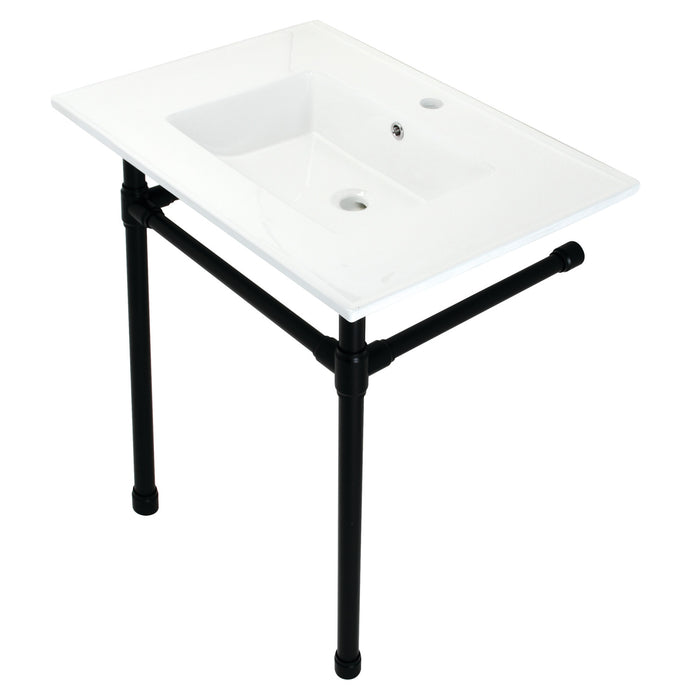 Kingston Tulare KVPB3122710 - Dreyfuss 31-Inch Ceramic Console Sink with Stainless Steel Legs (1-Hole), White/Matte Black
