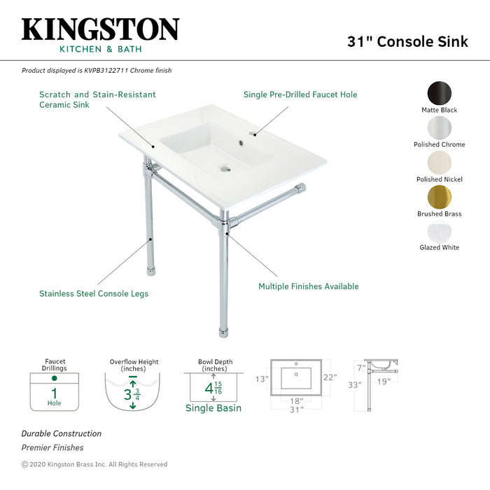 Kingston Tulare KVPB3122711 - Dreyfuss 31-Inch Ceramic Console Sink with Stainless Steel Legs (1-Hole), White/Polished Chrome