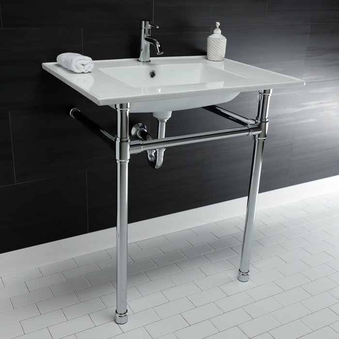 Kingston Tulare KVPB3122711 - Dreyfuss 31-Inch Ceramic Console Sink with Stainless Steel Legs (1-Hole), White/Polished Chrome