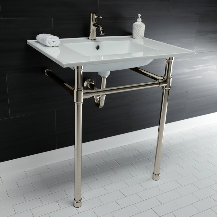 Kingston Tulare KVPB3122716 - Dreyfuss 31-Inch Ceramic Console Sink with Stainless Steel Legs (1-Hole), White/Polished Nickel
