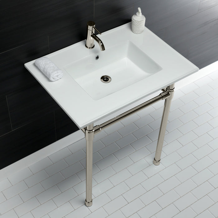 Kingston Tulare KVPB3122716 - Dreyfuss 31-Inch Ceramic Console Sink with Stainless Steel Legs (1-Hole), White/Polished Nickel