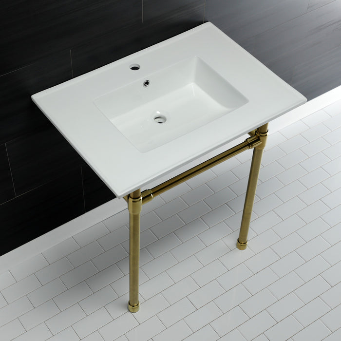Kingston Tulare KVPB3122717 - Dreyfuss 31-Inch Ceramic Console Sink with Stainless Steel Legs (1-Hole), White/Brushed Brass