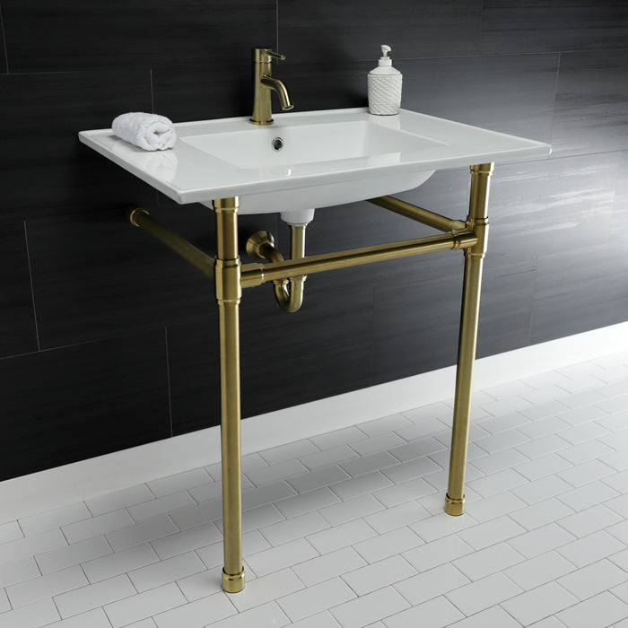 Kingston Tulare KVPB3122717 - Dreyfuss 31-Inch Ceramic Console Sink with Stainless Steel Legs (1-Hole), White/Brushed Brass