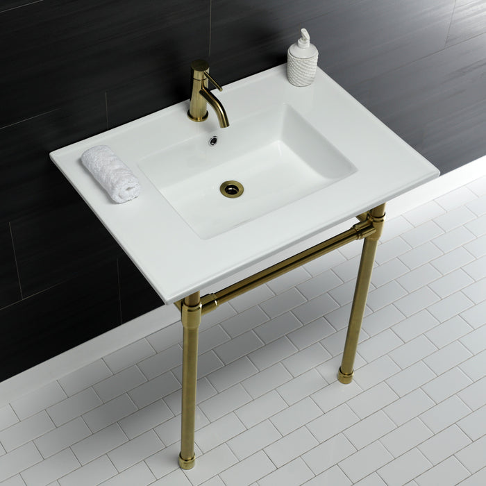 Kingston Tulare KVPB3122717 - Dreyfuss 31-Inch Ceramic Console Sink with Stainless Steel Legs (1-Hole), White/Brushed Brass