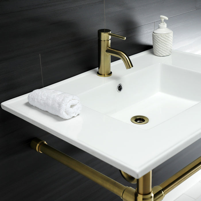 Kingston Tulare KVPB3122717 - Dreyfuss 31-Inch Ceramic Console Sink with Stainless Steel Legs (1-Hole), White/Brushed Brass