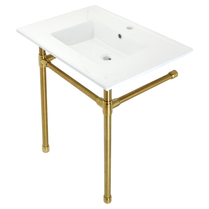Kingston Tulare KVPB3122717 - Dreyfuss 31-Inch Ceramic Console Sink with Stainless Steel Legs (1-Hole), White/Brushed Brass