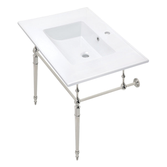 Kingston Heirloom KVPB312271PN - Edwardian 31-Inch Ceramic Console Sink with Brass Legs (1-Hole), White/Polished Nickel