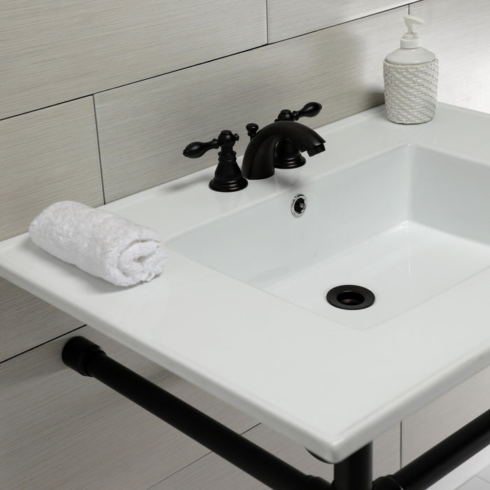 Kingston Tulare KVPB31227W40 - Dreyfuss 31-Inch Ceramic Console Sink with Stainless Steel Legs (4-Inch, 3-Hole), White/Matte Black