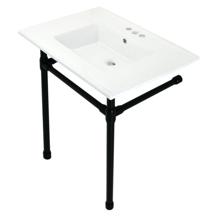 Kingston Tulare KVPB31227W40 - Dreyfuss 31-Inch Ceramic Console Sink with Stainless Steel Legs (4-Inch, 3-Hole), White/Matte Black