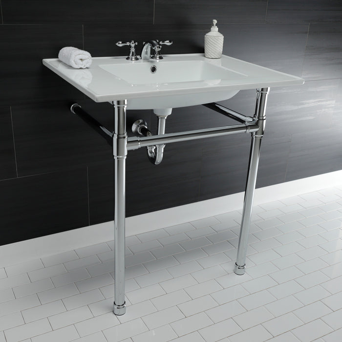 Kingston Tulare KVPB31227W41 - Dreyfuss 31-Inch Ceramic Console Sink with Stainless Steel Legs (4-Inch, 3-Hole), White/Polished Chrome