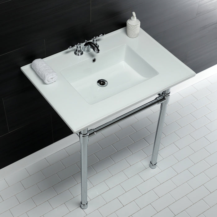 Kingston Tulare KVPB31227W41 - Dreyfuss 31-Inch Ceramic Console Sink with Stainless Steel Legs (4-Inch, 3-Hole), White/Polished Chrome