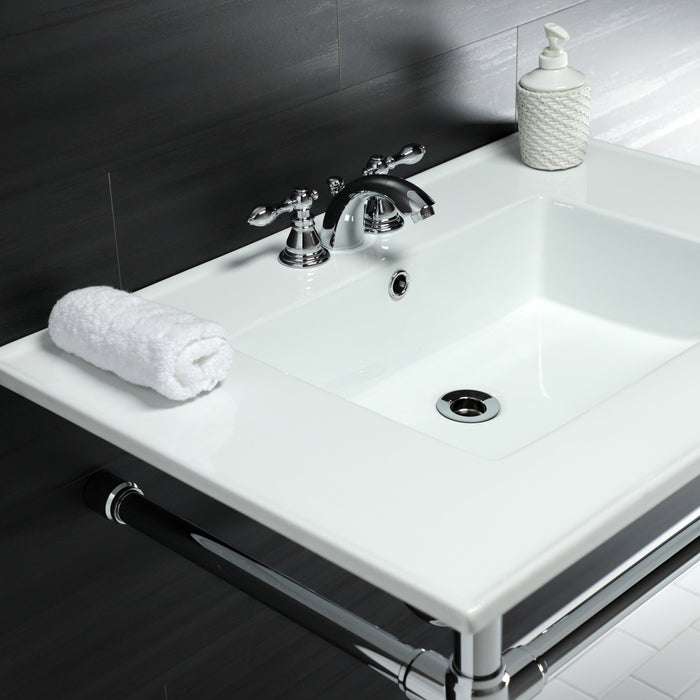 Kingston Tulare KVPB31227W41 - Dreyfuss 31-Inch Ceramic Console Sink with Stainless Steel Legs (4-Inch, 3-Hole), White/Polished Chrome