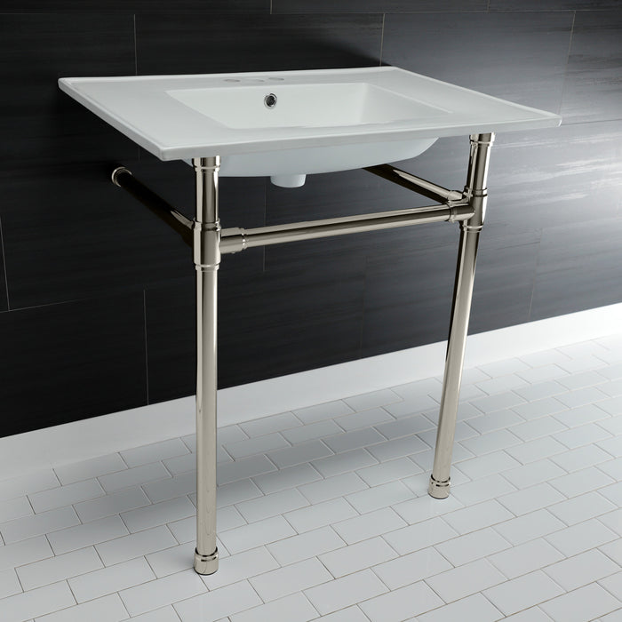 Kingston Tulare KVPB31227W46 - Dreyfuss 31-Inch Ceramic Console Sink with Stainless Steel Legs (4-Inch, 3-Hole), White/Polished Nickel