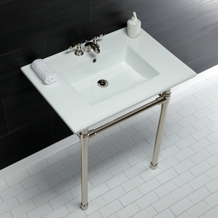 Kingston Tulare KVPB31227W46 - Dreyfuss 31-Inch Ceramic Console Sink with Stainless Steel Legs (4-Inch, 3-Hole), White/Polished Nickel