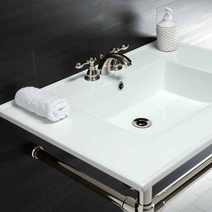 Kingston Tulare KVPB31227W46 - Dreyfuss 31-Inch Ceramic Console Sink with Stainless Steel Legs (4-Inch, 3-Hole), White/Polished Nickel