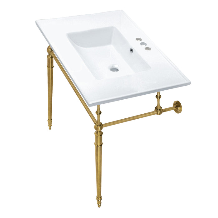 Kingston Heirloom KVPB31227W4BB - Edwardian 31-Inch Ceramic Console Sink with Brass Legs (4-Inch, 3-Hole), White/Brushed Brass
