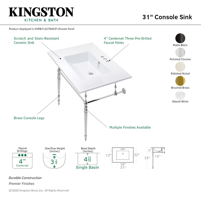 Kingston Heirloom KVPB31227W4CP - Edwardian 31-Inch Ceramic Console Sink with Brass Legs (4-Inch, 3-Hole), White/Polished Chrome