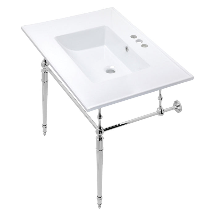 Kingston Heirloom KVPB31227W4CP - Edwardian 31-Inch Ceramic Console Sink with Brass Legs (4-Inch, 3-Hole), White/Polished Chrome