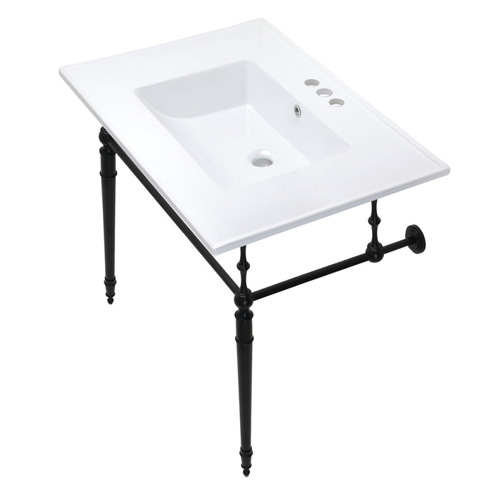 Kingston Heirloom KVPB31227W4MB - Edwardian 31-Inch Ceramic Console Sink with Brass Legs (4-Inch, 3-Hole), White/Matte Black