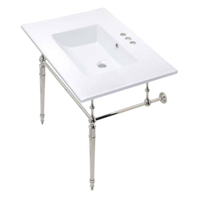 Kingston Heirloom KVPB31227W4PN - Edwardian 31-Inch Ceramic Console Sink with Brass Legs (4-Inch, 3-Hole), White/Polished Nickel