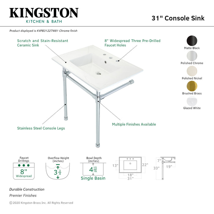 Kingston Tulare KVPB31227W80 - Dreyfuss 31-Inch Ceramic Console Sink with Stainless Steel Legs (8-Inch, 3-Hole), White/Matte Black