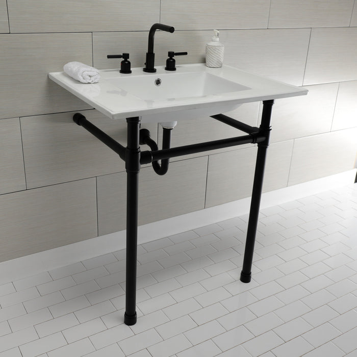 Kingston Tulare KVPB31227W80 - Dreyfuss 31-Inch Ceramic Console Sink with Stainless Steel Legs (8-Inch, 3-Hole), White/Matte Black