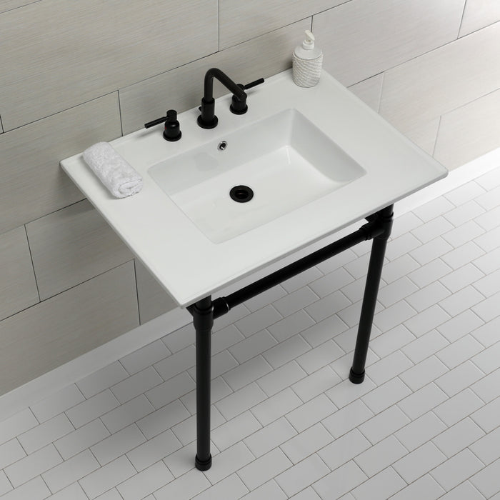 Kingston Tulare KVPB31227W80 - Dreyfuss 31-Inch Ceramic Console Sink with Stainless Steel Legs (8-Inch, 3-Hole), White/Matte Black