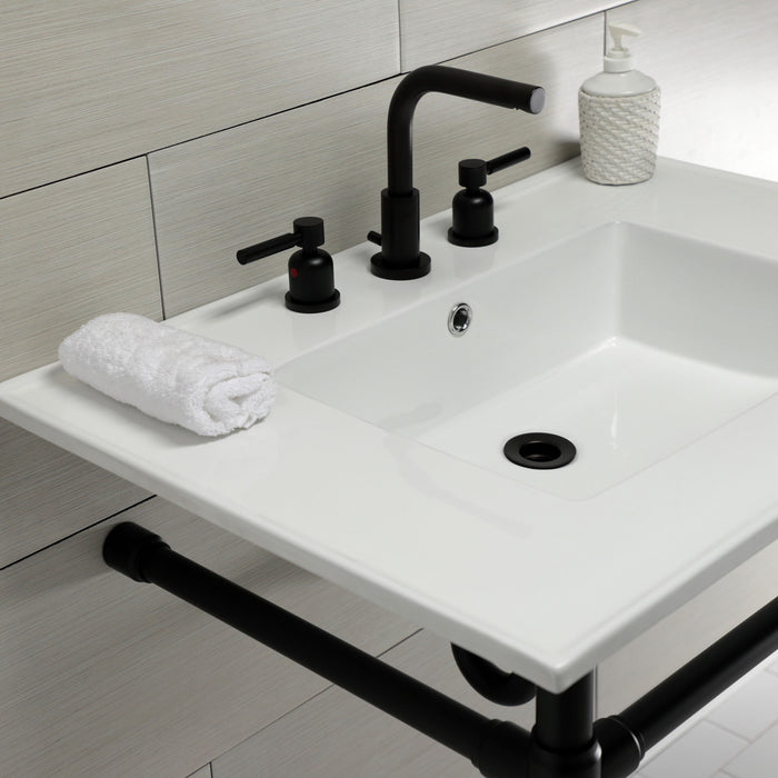Kingston Tulare KVPB31227W80 - Dreyfuss 31-Inch Ceramic Console Sink with Stainless Steel Legs (8-Inch, 3-Hole), White/Matte Black