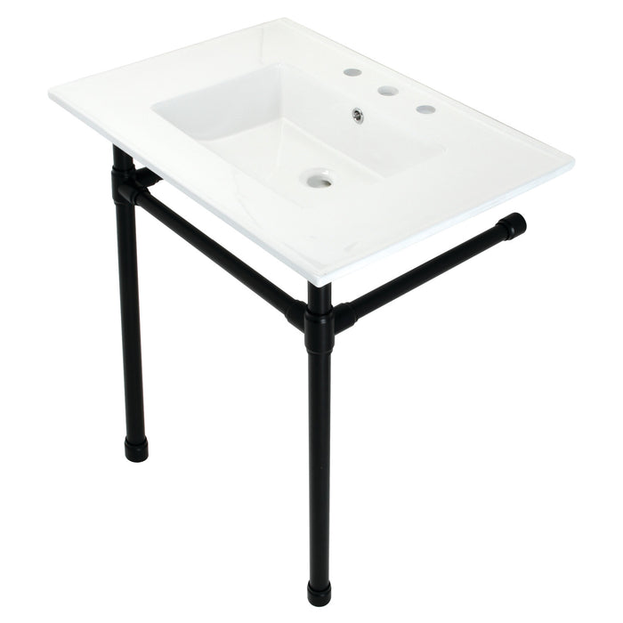 Kingston Tulare KVPB31227W80 - Dreyfuss 31-Inch Ceramic Console Sink with Stainless Steel Legs (8-Inch, 3-Hole), White/Matte Black