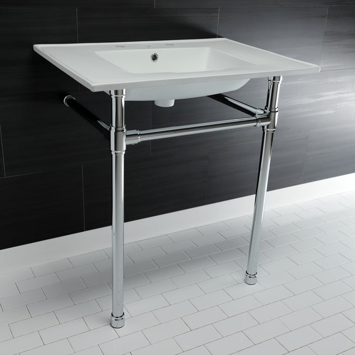 Kingston Tulare KVPB31227W81 - Dreyfuss 31-Inch Ceramic Console Sink with Stainless Steel Legs (8-Inch, 3-Hole), White/Polished Chrome