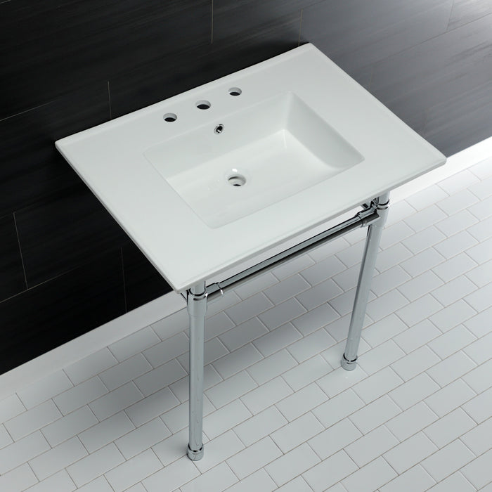 Kingston Tulare KVPB31227W81 - Dreyfuss 31-Inch Ceramic Console Sink with Stainless Steel Legs (8-Inch, 3-Hole), White/Polished Chrome