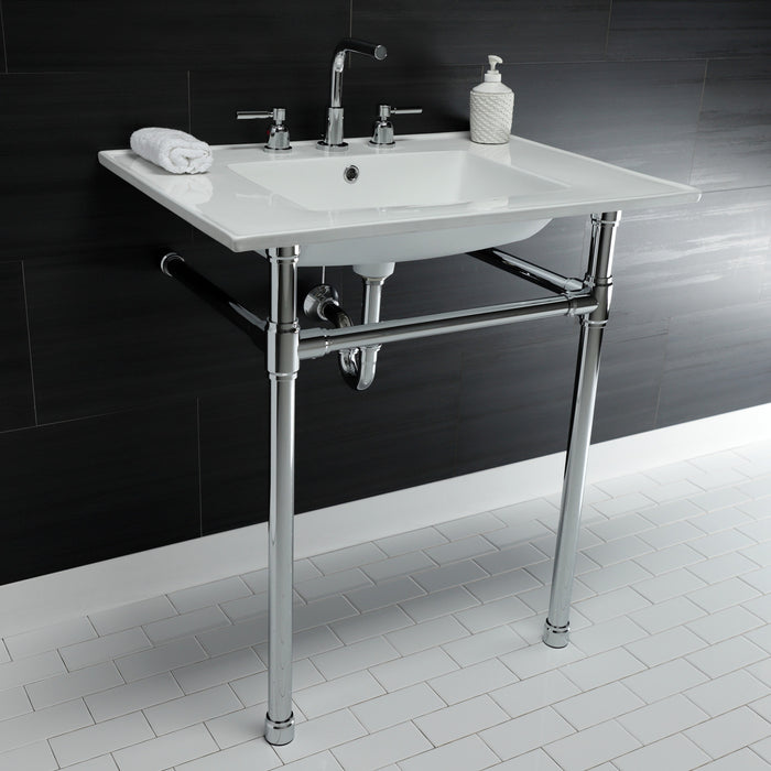 Kingston Tulare KVPB31227W81 - Dreyfuss 31-Inch Ceramic Console Sink with Stainless Steel Legs (8-Inch, 3-Hole), White/Polished Chrome