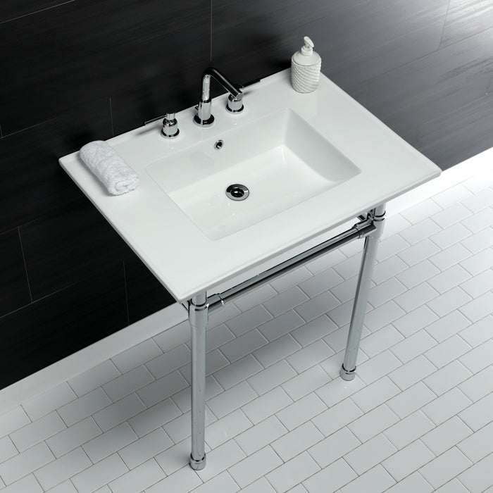 Kingston Tulare KVPB31227W81 - Dreyfuss 31-Inch Ceramic Console Sink with Stainless Steel Legs (8-Inch, 3-Hole), White/Polished Chrome
