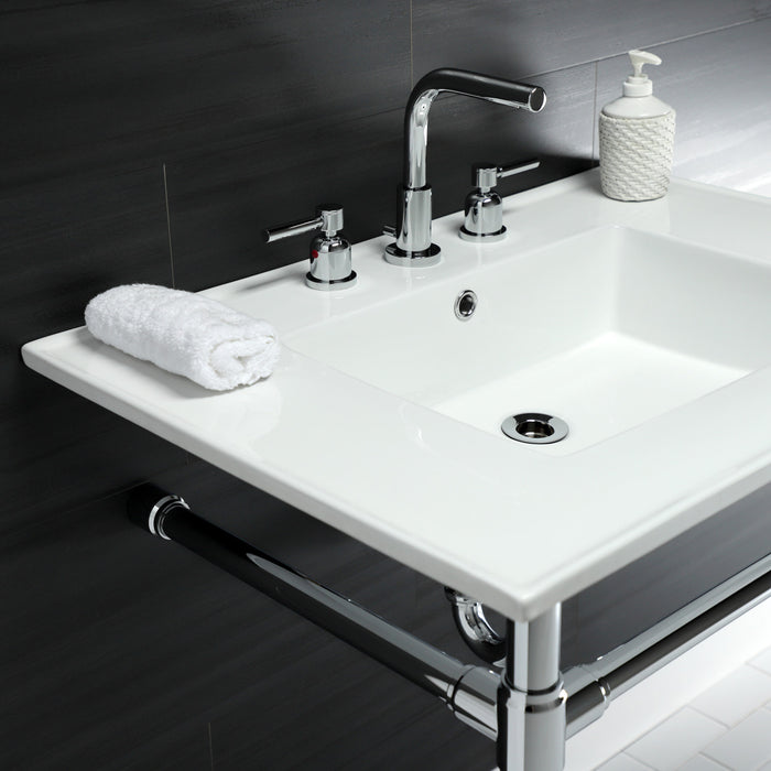 Kingston Tulare KVPB31227W81 - Dreyfuss 31-Inch Ceramic Console Sink with Stainless Steel Legs (8-Inch, 3-Hole), White/Polished Chrome