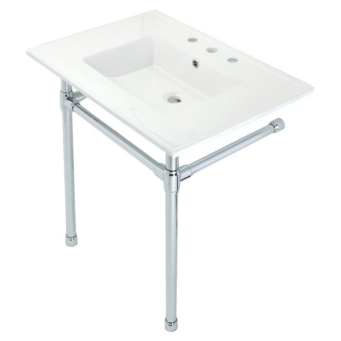 Kingston Tulare KVPB31227W81 - Dreyfuss 31-Inch Ceramic Console Sink with Stainless Steel Legs (8-Inch, 3-Hole), White/Polished Chrome