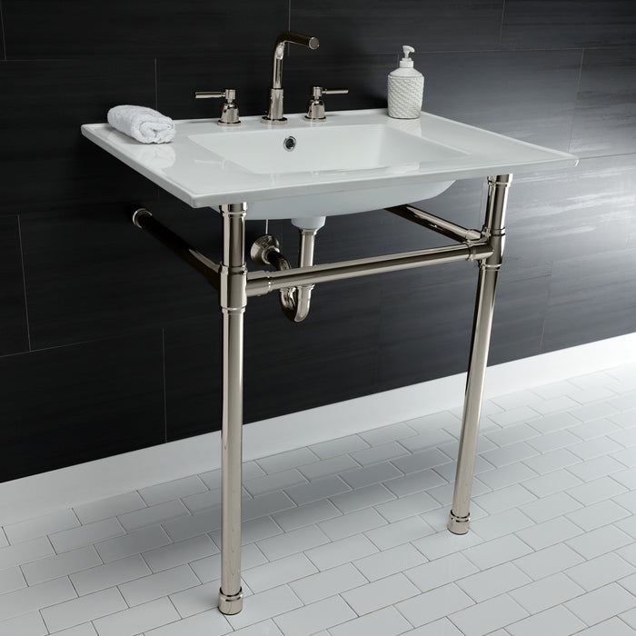 Kingston Tulare KVPB31227W86 - Dreyfuss 31-Inch Ceramic Console Sink with Stainless Steel Legs (8-Inch, 3-Hole), White/Polished Nickel