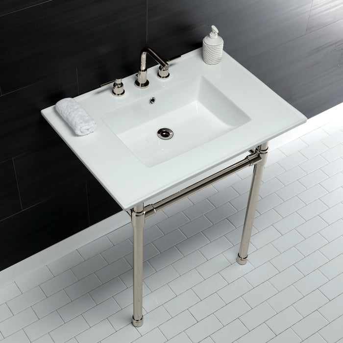 Kingston Tulare KVPB31227W86 - Dreyfuss 31-Inch Ceramic Console Sink with Stainless Steel Legs (8-Inch, 3-Hole), White/Polished Nickel