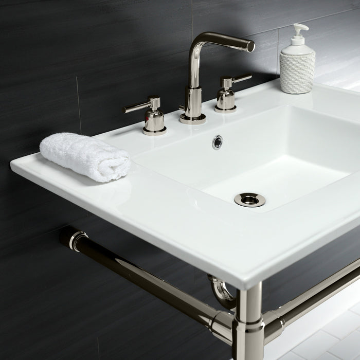 Kingston Tulare KVPB31227W86 - Dreyfuss 31-Inch Ceramic Console Sink with Stainless Steel Legs (8-Inch, 3-Hole), White/Polished Nickel