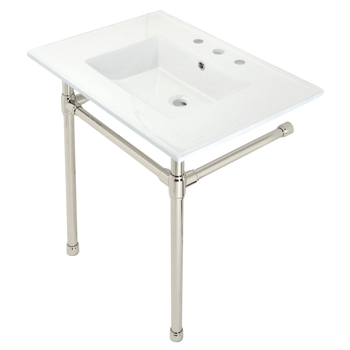 Kingston Tulare KVPB31227W86 - Dreyfuss 31-Inch Ceramic Console Sink with Stainless Steel Legs (8-Inch, 3-Hole), White/Polished Nickel