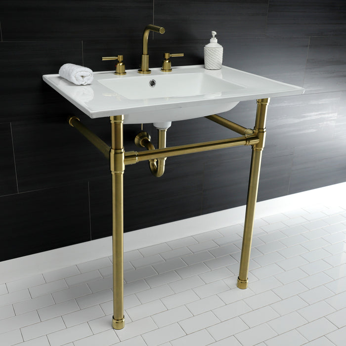 Kingston Tulare KVPB31227W87 - Dreyfuss 31-Inch Ceramic Console Sink with Stainless Steel Legs (8-Inch, 3-Hole), White/Brushed Brass