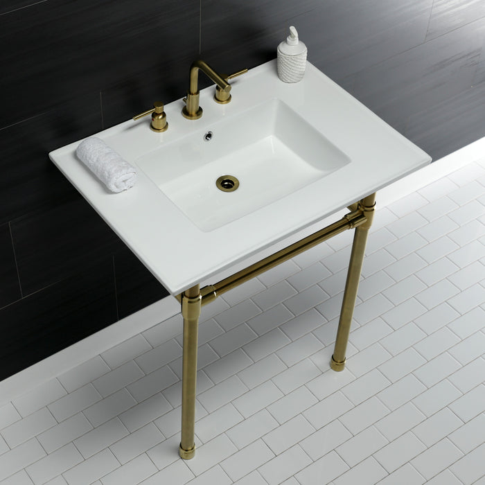 Kingston Tulare KVPB31227W87 - Dreyfuss 31-Inch Ceramic Console Sink with Stainless Steel Legs (8-Inch, 3-Hole), White/Brushed Brass