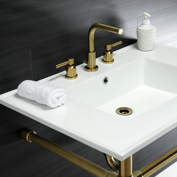 Kingston Tulare KVPB31227W87 - Dreyfuss 31-Inch Ceramic Console Sink with Stainless Steel Legs (8-Inch, 3-Hole), White/Brushed Brass