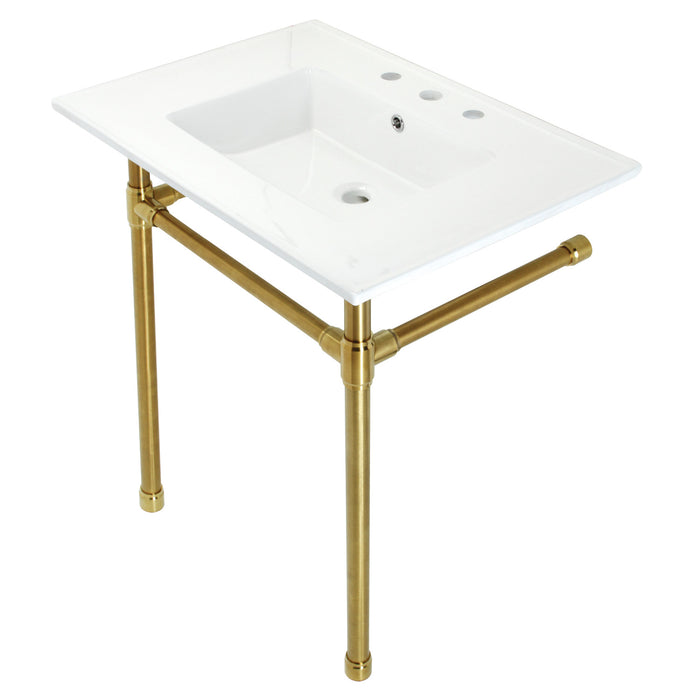 Kingston Tulare KVPB31227W87 - Dreyfuss 31-Inch Ceramic Console Sink with Stainless Steel Legs (8-Inch, 3-Hole), White/Brushed Brass