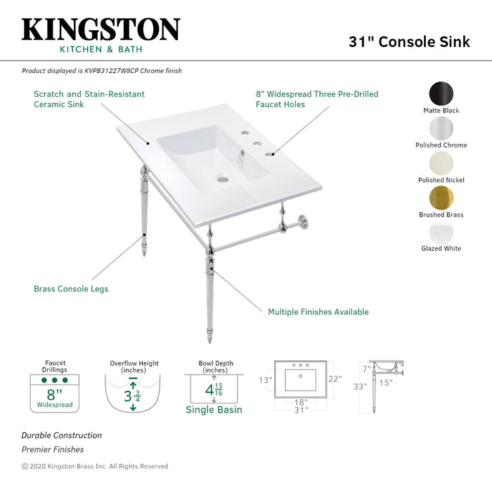 Kingston Heirloom KVPB31227W8BB - Edwardian 31-Inch Ceramic Console Sink with Brass Legs (8-Inch, 3-Hole), White/Brushed Brass