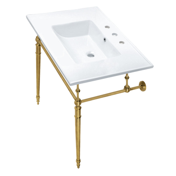 Kingston Heirloom KVPB31227W8BB - Edwardian 31-Inch Ceramic Console Sink with Brass Legs (8-Inch, 3-Hole), White/Brushed Brass